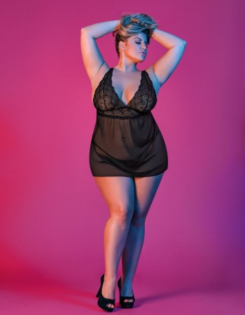 Sexy Time Babydoll With Fly Away Back and G-String Set - Black - 1x-3x