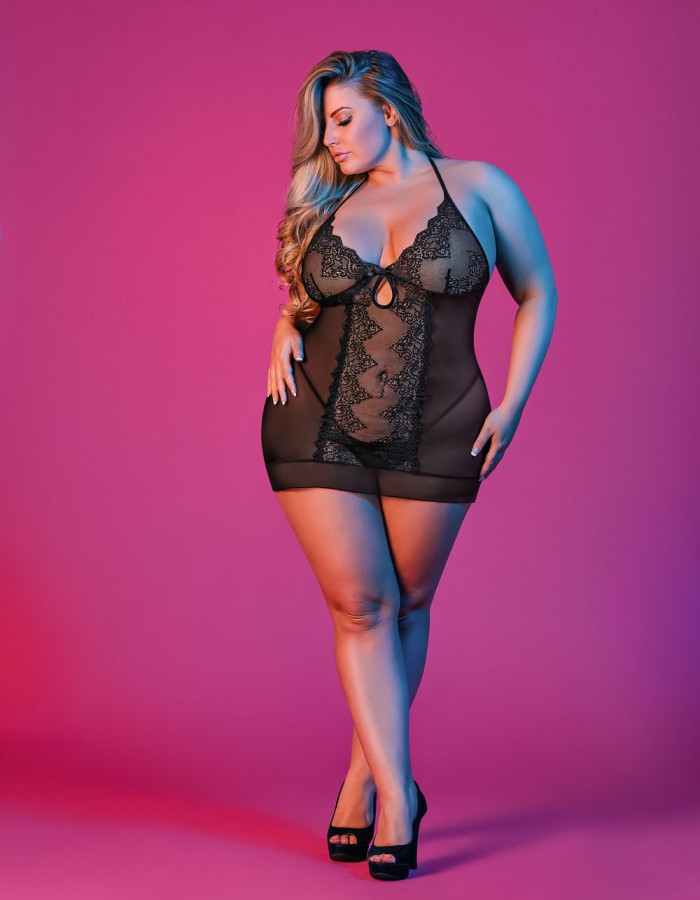 Sexy Time Chemise and G-String Set - Black - 1x-3x