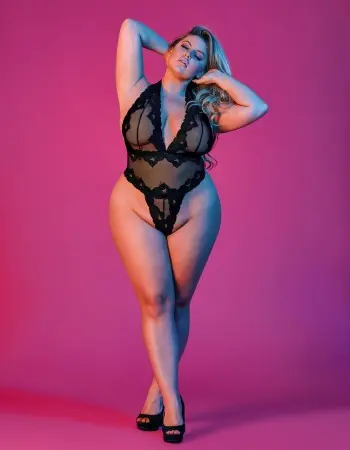 Sexy Time Deep Plunge Halter Teddy - Black - 1x-3x