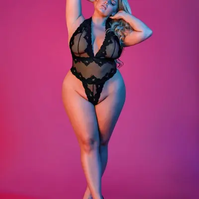 Sexy Time Deep Plunge Halter Teddy - Black - 1x-3x