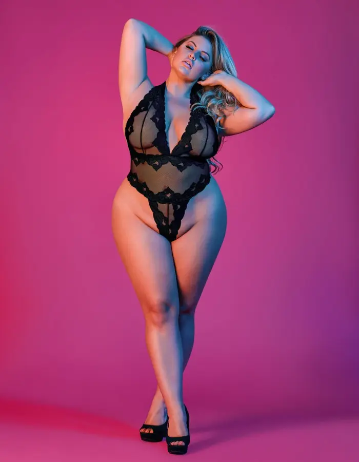 Sexy Time Deep Plunge Halter Teddy - Black - 1x-3x