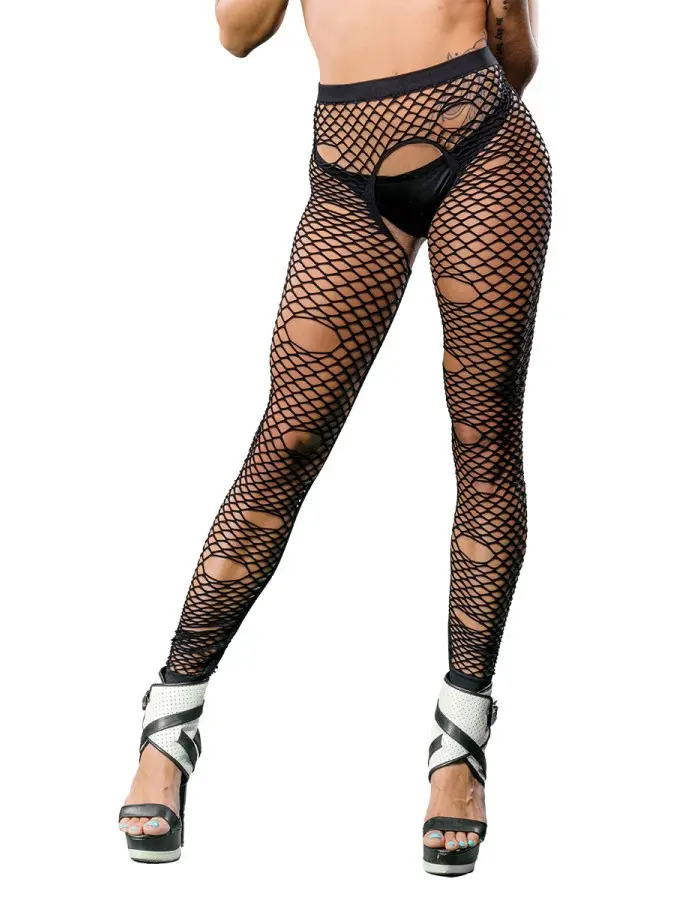 Mixed Hole Design Crotchless Leggings - One Size - Black