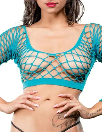 Front Mesh and Side Design Crotchless Leggings - One Size - Turquoise