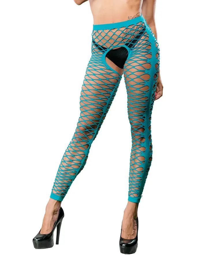 Front Mesh and Side Design Crotchless Leggings - One Size - Turquoise