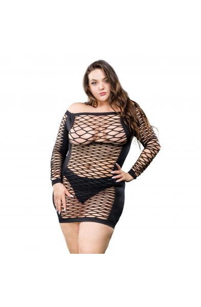 Ladies Long Sleeve Mesh Dress - Black - 1x-4x