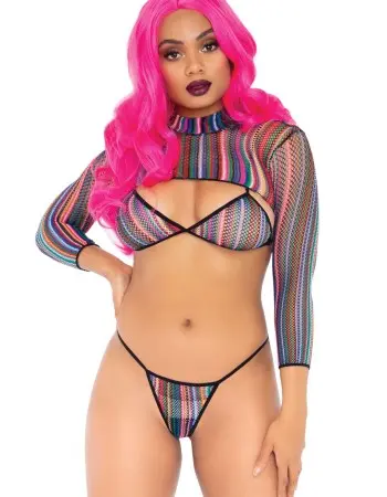 3 Pc Fishnet Bikini G-String and Crop Top - One Size - Multicolor