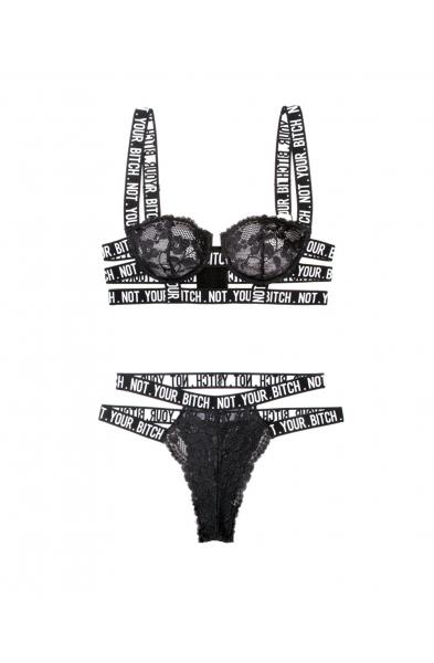 Not Your Bitch Lace Bra and Cutout Panty Set - Black - L/xl