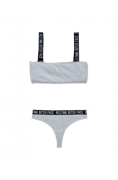 Resting Bitch Face Crop Top and Thong Panty Set - Gray - S/m