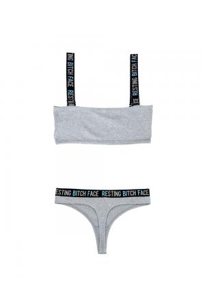 Resting Bitch Face Crop Top and Thong Panty Set - Gray - S/m