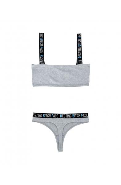 Resting Bitch Face Crop Top and Thong Panty Set - Gray - S/m