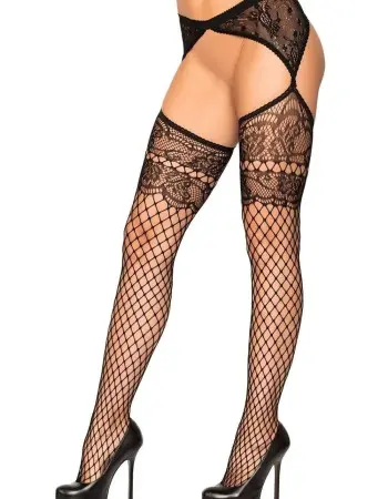 Garter Belt Lace Top Fishnets - Black - One Size