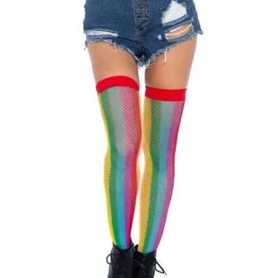 Rainbow Fishnet Thigh Highs - One Size - Multicolor