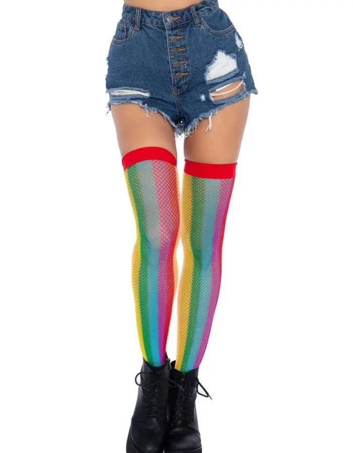 Rainbow Fishnet Thigh Highs - One Size - Multicolor