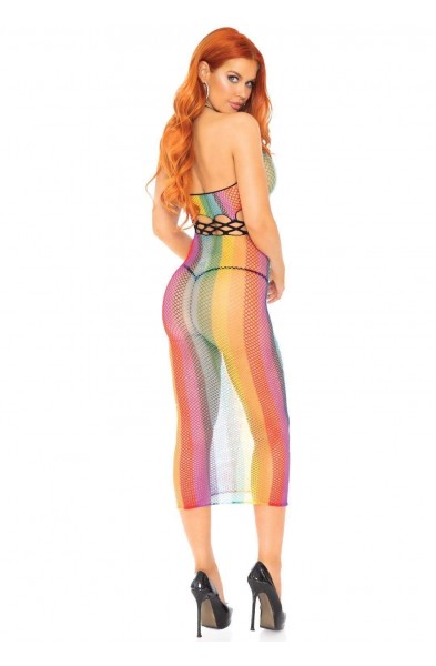 Rainbow Fishnet Halter Dress - One Size - Multicolor