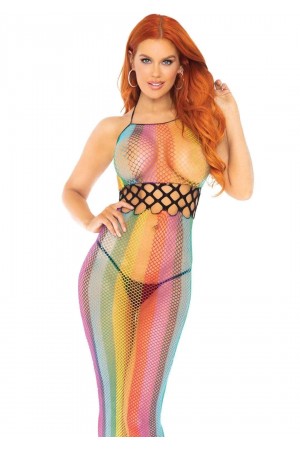 Rainbow Fishnet Halter Dress - One Size - Multicolor