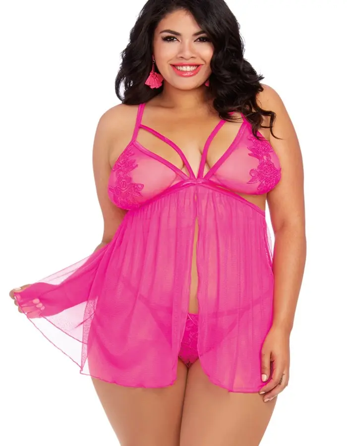 Babydoll and G-String - Queen Size - Hot Pink