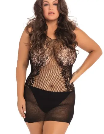 Lace Fantasy Mini Dress - Black - 1x-3x
