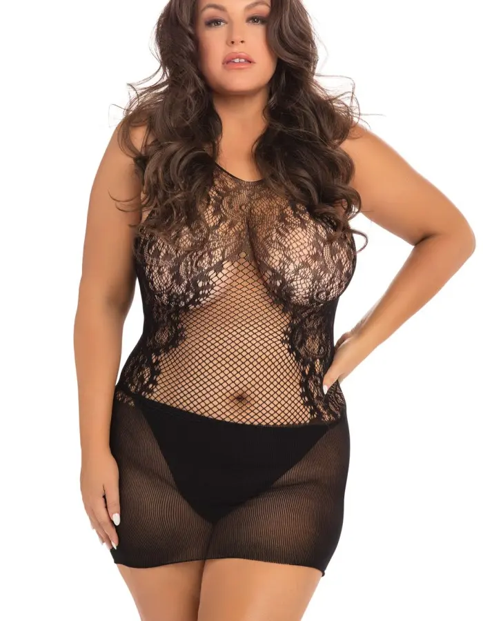 Lace Fantasy Mini Dress - Black - 1x-3x
