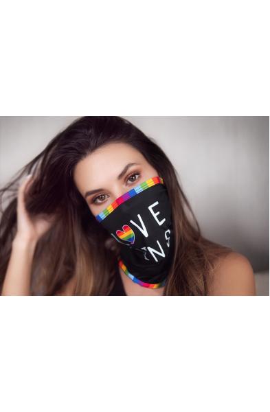 Face/ Neck Bandana - Love Wins - Black/  Rainbow Print - One Size