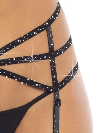 Strappy Elastic Rhinestone Garter - Black - One  Size