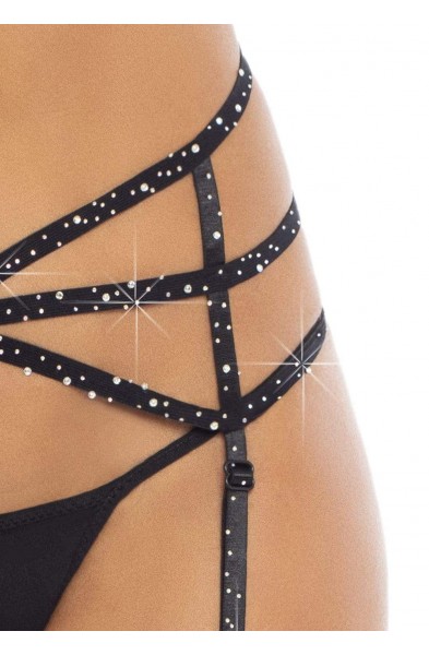 Strappy Elastic Rhinestone Garter - Black - One  Size