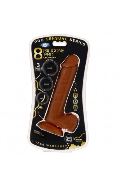 Pro Sensual Premium Silicone 8 Inch Dong With 3  Cockrings - Brown