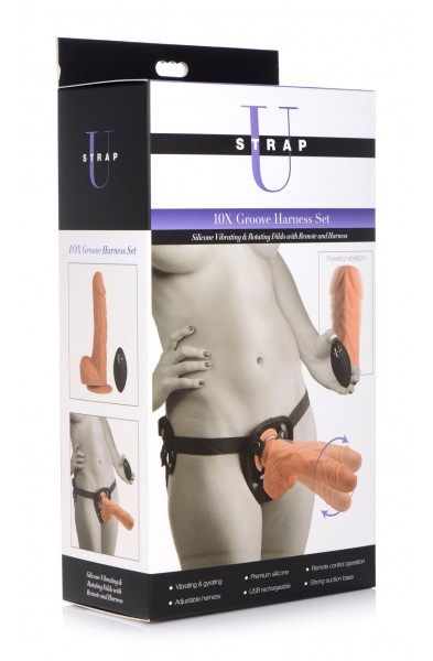 10x Groove Harness With Vibrating & Rotating Dildo - Flesh