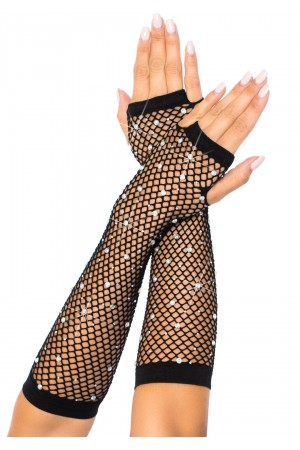 Rhinestone Fishnet Arm Warmers Black