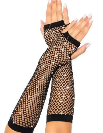 Rhinestone Fishnet Arm Warmers Black