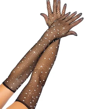 Rhinestone Fishnet Long Gloves - Black