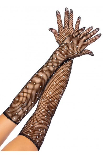 Rhinestone Fishnet Long Gloves - Black