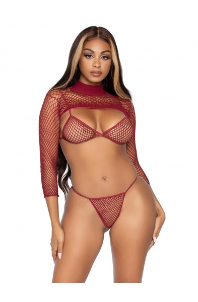 3 Pc Industrial Net Bikini Top G-String and Long  Sleeved Crop Top - One Size - Burgundy