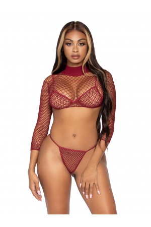 3 Pc Industrial Net Bikini Top G-String and Long  Sleeved Crop Top - One Size - Burgundy