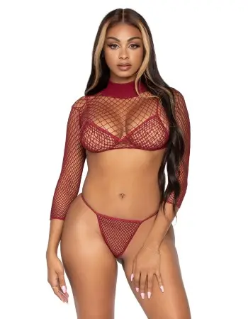 3 Pc Industrial Net Bikini Top G-String and Long  Sleeved Crop Top - One Size - Burgundy