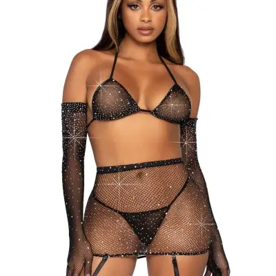 5 Pc Rhinestone Bikini Top G-String Garter Skirt, Gloves and Stockings - One Size - Black