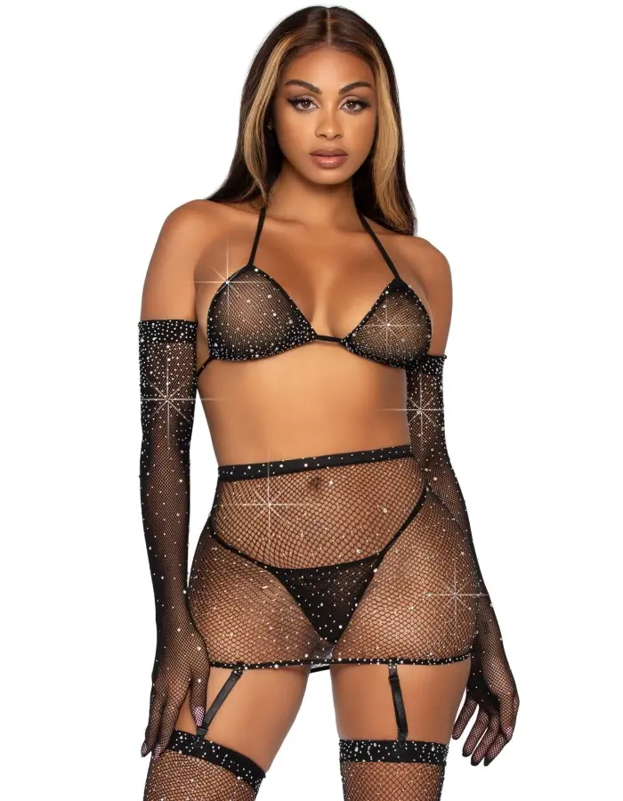 5 Pc Rhinestone Bikini Top G-String Garter Skirt, Gloves and Stockings - One Size - Black