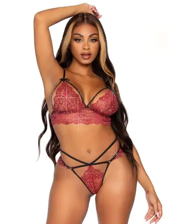 2 Pc Rhinestone Lace Bralette and G-String Set -  Large - Burgundy