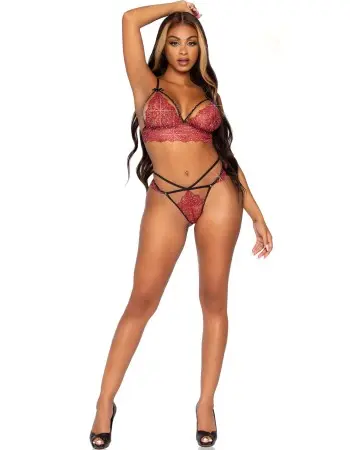 2 Pc Rhinestone Lace Bralette and G-String Set -  Large - Burgundy