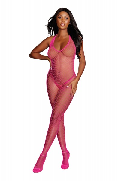 Diamond Net Bodystocking - One Size - Neon Pink