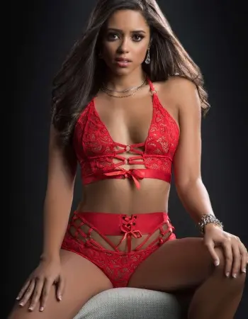 2pc O-Ring Boyshort Halter Top and Stockings -  One Size - Candy Red