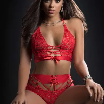 2pc O-Ring Boyshort Halter Top and Stockings -  One Size - Candy Red