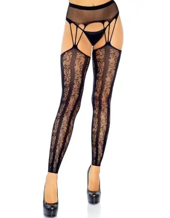 Lace Footless Stockings With Attached Fishnet Garter Belt - Black