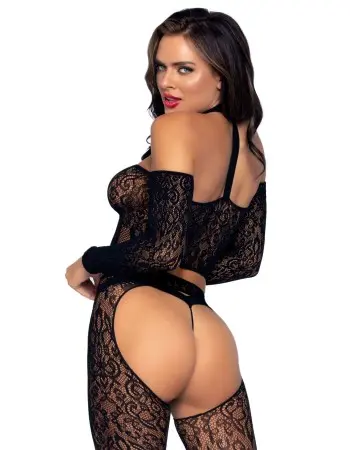 3 Pc. Halter Choker Crop Top, Suspender Hose, and  G-String - One Size - Black