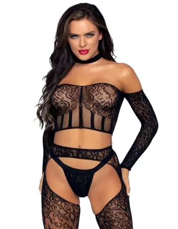 3 Pc. Halter Choker Crop Top, Suspender Hose, and  G-String - One Size - Black