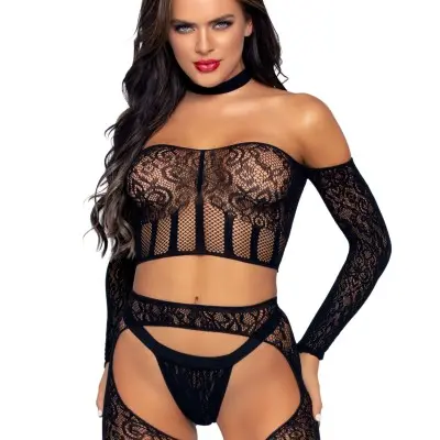 3 Pc. Halter Choker Crop Top, Suspender Hose, and  G-String - One Size - Black