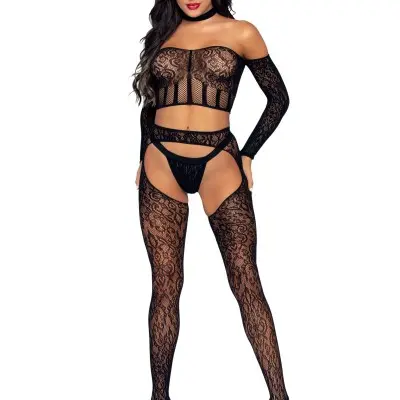 3 Pc. Halter Choker Crop Top, Suspender Hose, and  G-String - One Size - Black