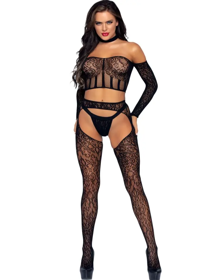 3 Pc. Halter Choker Crop Top, Suspender Hose, and  G-String - One Size - Black