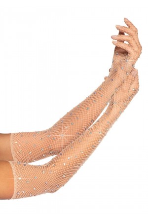 Rhinestone Fishnet Long Gloves Nude