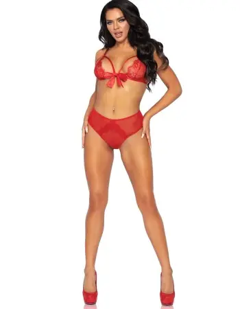 2 Pc. Lace Bralette and Ribbon Tie Crotchless  Panty - One Size - Red
