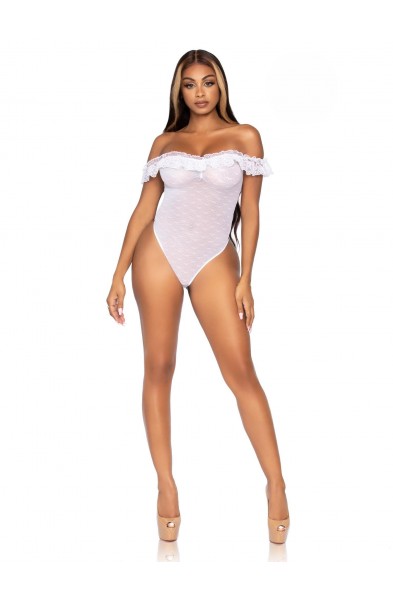 Lace Ruffle Snap Crotch Teddy - One Size - White